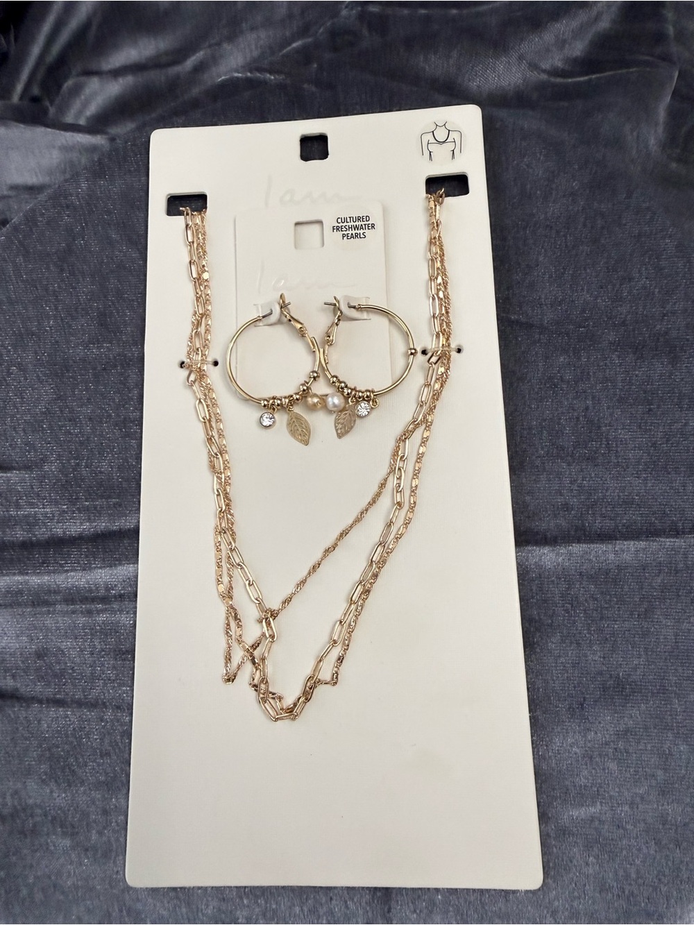 Gold-Tone Layered Necklace and Hoop Earring Set with Pearls and Leaf Charms